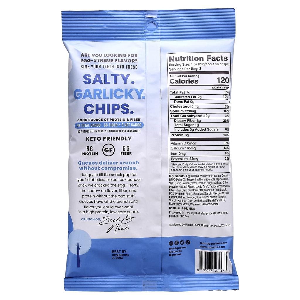 Quevos Pita Style Protein Chips, Original Seasoning, 6 Family Pack Bags, 90g Each (3.2 Pieces)