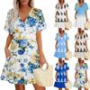 Летнее повседневное платье с V-образным вырезом, короткими рукавами, цветочным принтом и карманом для женщин