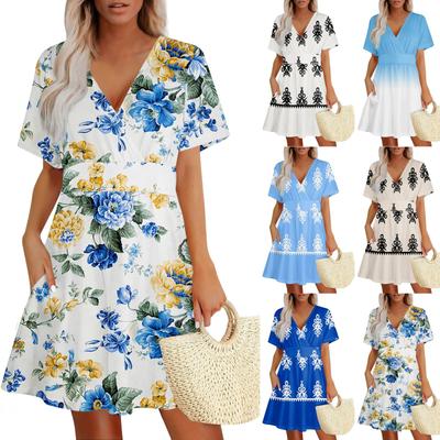 Летнее повседневное платье с V-образным вырезом, короткими рукавами, цветочным принтом и карманом для женщин