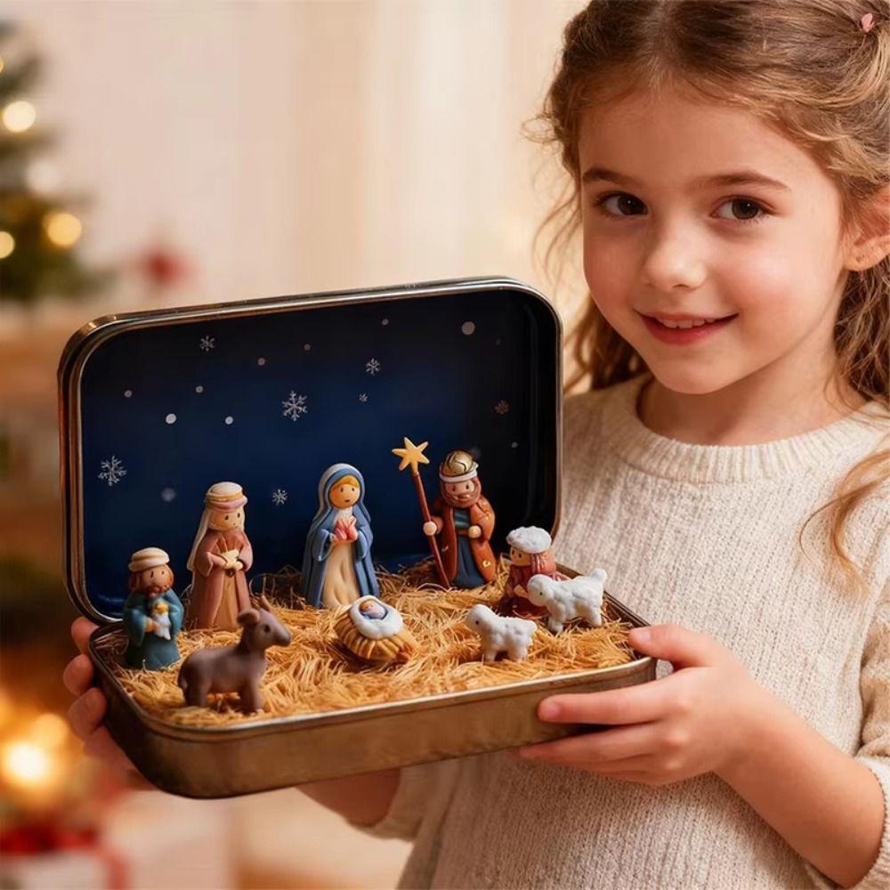 PVC Christmas Nativity Set Mini Size Tin Box Packaging Nativity Figurine Set Horse Trough Design Miniature Scene Figurine