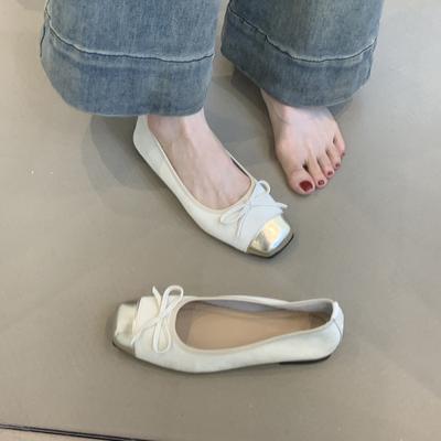 Версия из овчины~ Балетки с бантиком и открытым верхом, женские универсальные туфли с квадратным носком, мягкие плоские туфли для бабушки