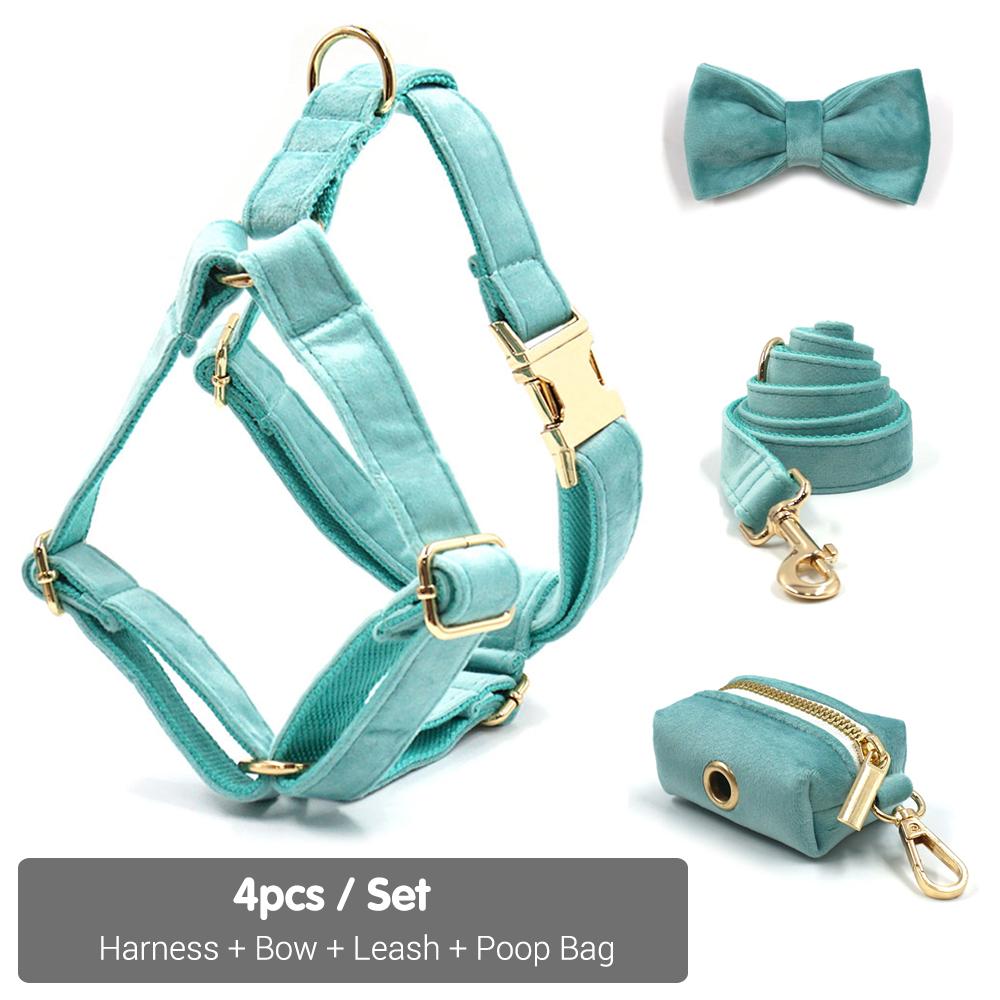 Бирюзовый ошейник-шлейка Tiffany для собаки, роскошный дизайнерский ошейник для собаки, бесплатная гравировка, регулируемый, мягкий бархатный набор шлеек для щенка
