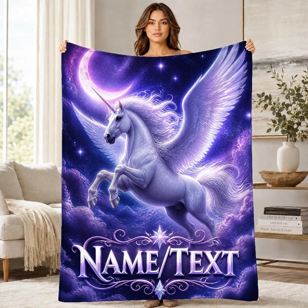 Winged Unicorn Name Text Coral Fleece Blanket Fantasy Decor