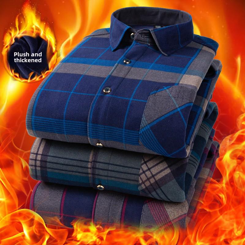 2023 Мужская утолщенная клетчатая теплая рубашка с длинным рукавом - зимняя, большого размера для пап среднего возраста