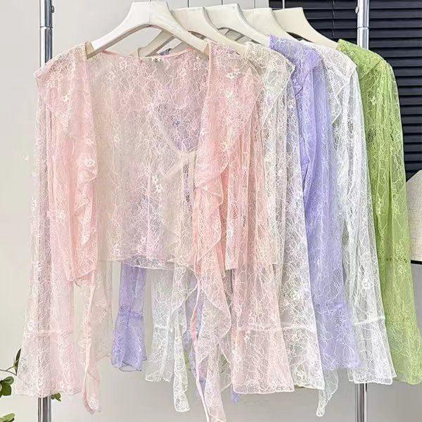 Свежий расклешенный кружевной кардиган с рукавами, женский летний тонкий длинный рукав с оборками и солнцезащитным чехлом