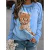 Round Neck 3D Cat Printed Top Casual Long Sleeved Women's T-shirts - Soft Medium Stretch Polyester Fabric Spring and Autumn Relaxed Fit Clothing