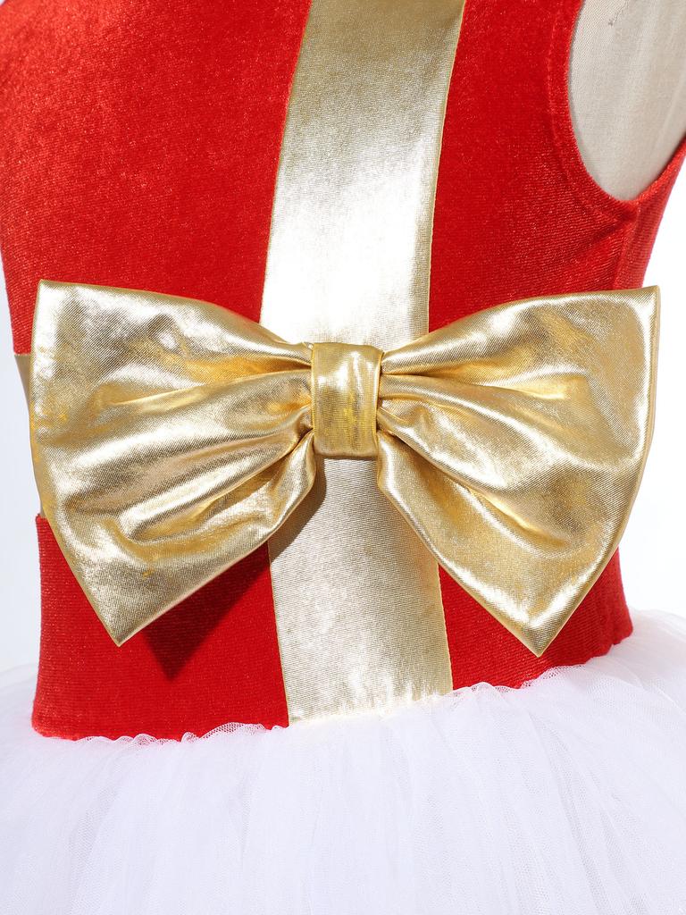 Girls Christmas Dance Dress Sleeveless Keyhole Back Patchwork Bow Sequin Design Leotard Party Costume Santa Theme
