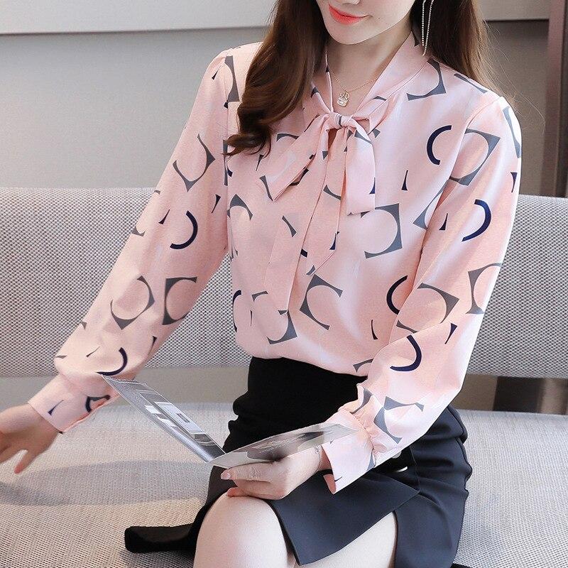 M-4XL женские весенне-летние стильные шифоновые блузки, рубашки, женские повседневные блузки с длинными рукавами и галстуком-бабочкой, воротник с принтом, топы
