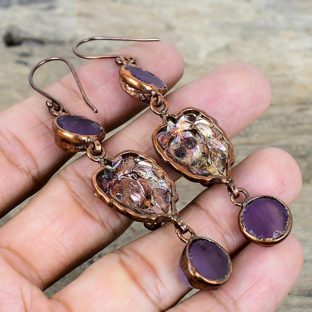 African Amethyst Rough Earring Electroformed Copper Earrings Lion Face Earring Antique Copper Jewelry Handmade Gemstone Earring Gift for Mom
