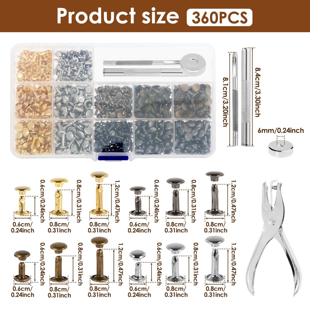 360Pcs Leather Rivets Kit 4 Colors Double Cap Rivets W/ 4 Setting Tools DIY Accessories Buckles for Decorating Leather Jackets