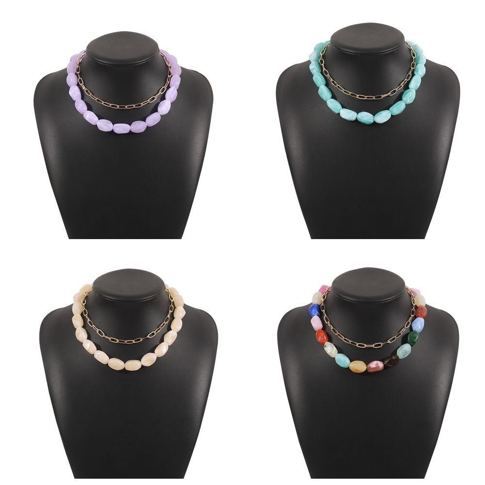 2Pcs/Set Stone Colorful Resin Necklace Multilayer Clavicle Chain Stone Beads Short Choker  Women