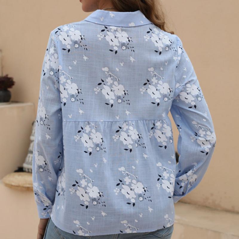 Women Cotton Linen Shirt Turn Down Collar Single Breasted Blouse White Yellow Blue Tops Long Sleeve Floral Printed Shirts