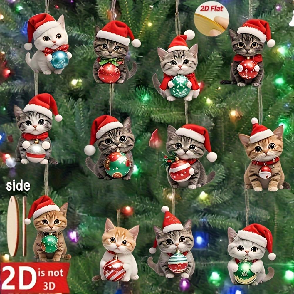 12/24 шт. 2D Рождественский деревянный кот Настенное украшение Подвесное украшение Акриловый Забавный Елка Кот Брелок Для ключей Украшение Подарки