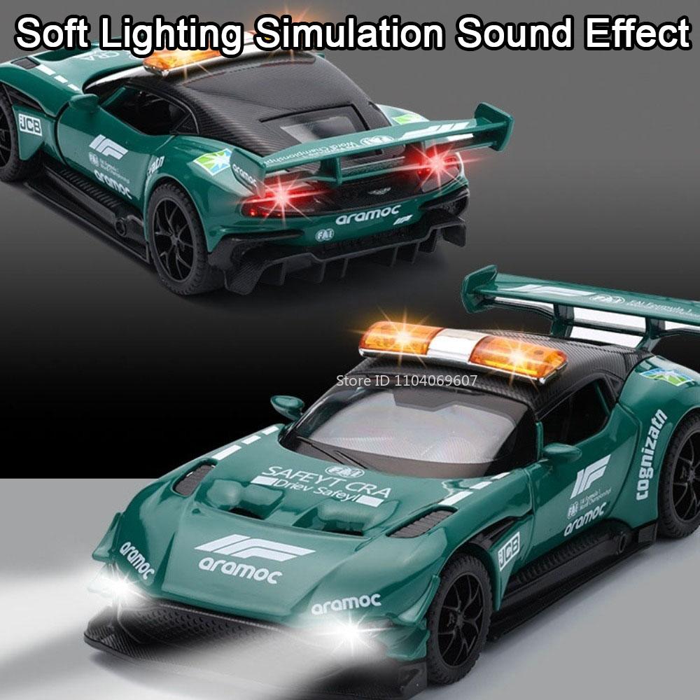 1:32 Scale Vulcan Safety Car DB12 Model Toy Metal Body Rubber Tires Sports Cars Models Sound Light Pull Back Toys Gift for Child
