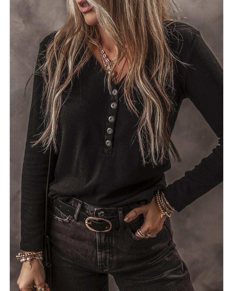 Azura Exchange Black Buttoned V Neck Long Sleeve Ribbed Top