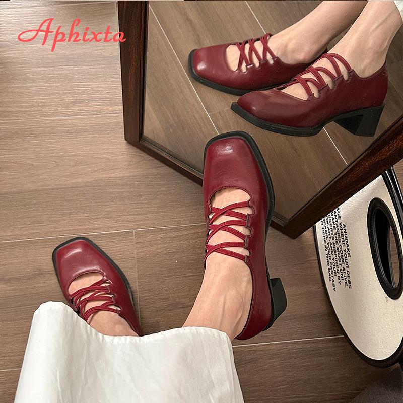 Модная обувь Aphixta для элегантных женщин, красные туфли-лодочки из кожи с перекрестными ремешками, женские туфли Мэри Джейн с мелким вырезом и квадратным носком, дропшиппинг, большой размер 43