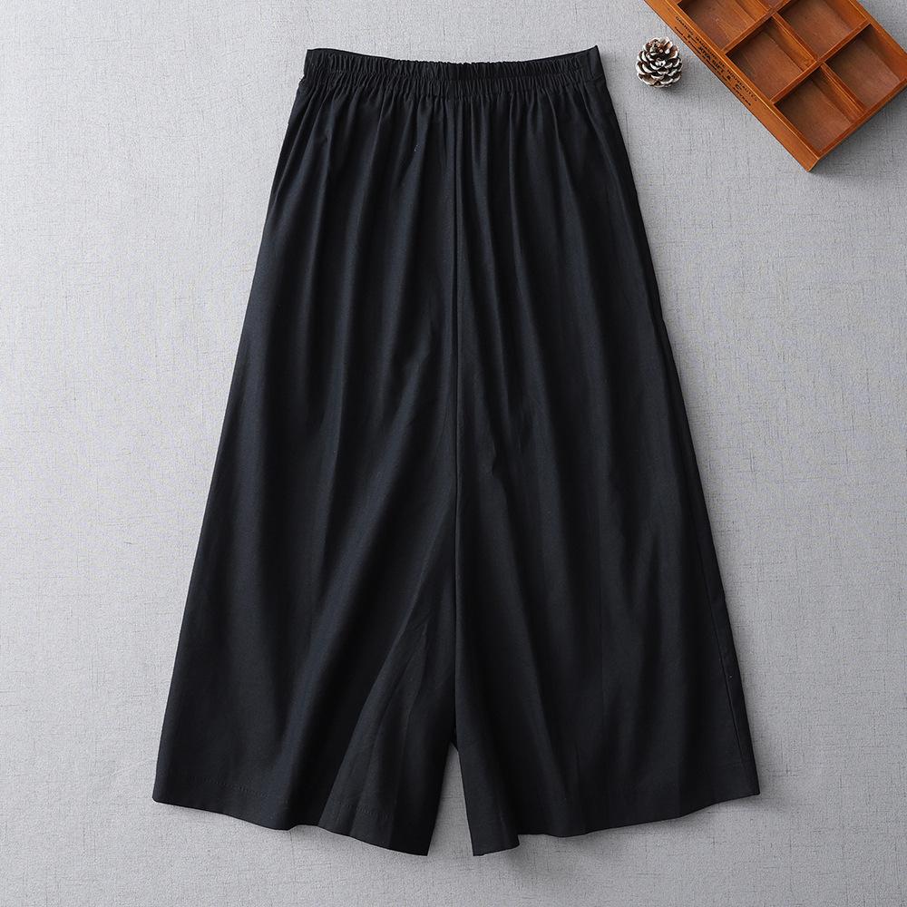 2025 Summer New Solid Color Cotton and Linen Wide-leg Pants Women's Literary Loose Fake Two Elastic Waist Irregular Rest Culottes