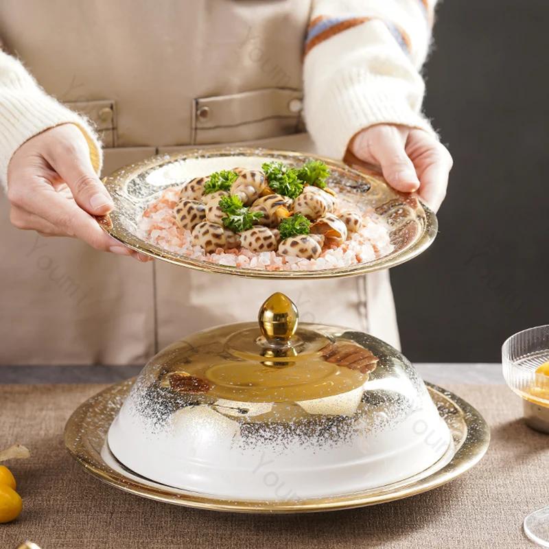 Легкий роскошный ресторанный керамический набор тарелок, креативная круглая тарелка с морскими ушками и морскими огурцами, изысканная десертная бытовая посуда