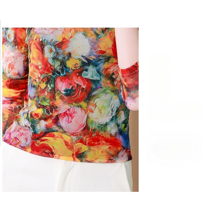 Floral Print Mesh T-Shirt Women's Autumn Stretch Slim Fit Top Long Sleeve Pullover Sweatshirt