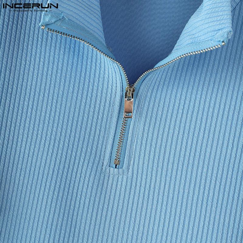 INCERUN Men Zipper High Neck Cold Shoulder Irregular Casual Skinny T-Shirts Tops