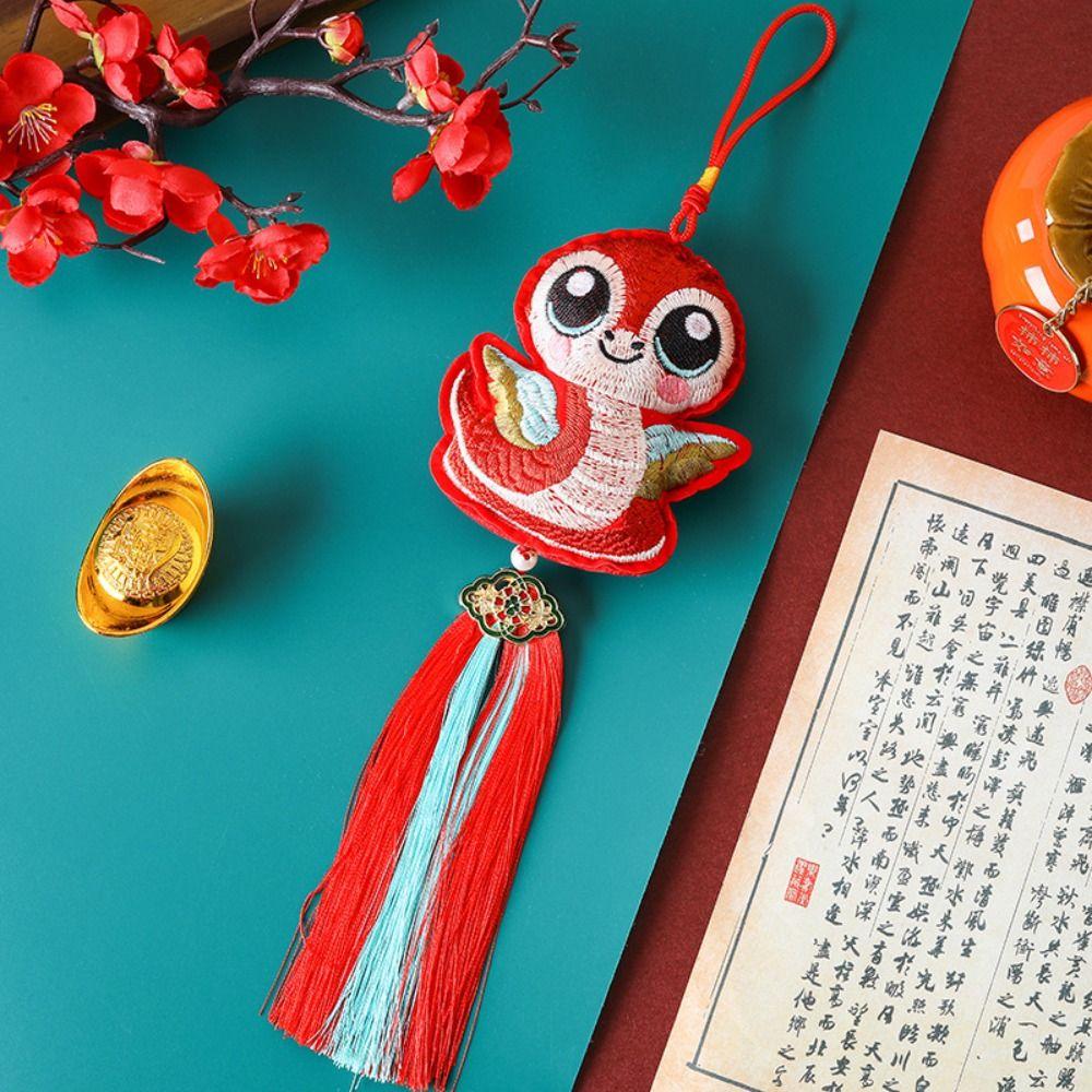 Traditional Embroidery Snake Wind Chimes Handmade Hanging New Year Pendants with Tassels Chinese Lucky Bag Pendants