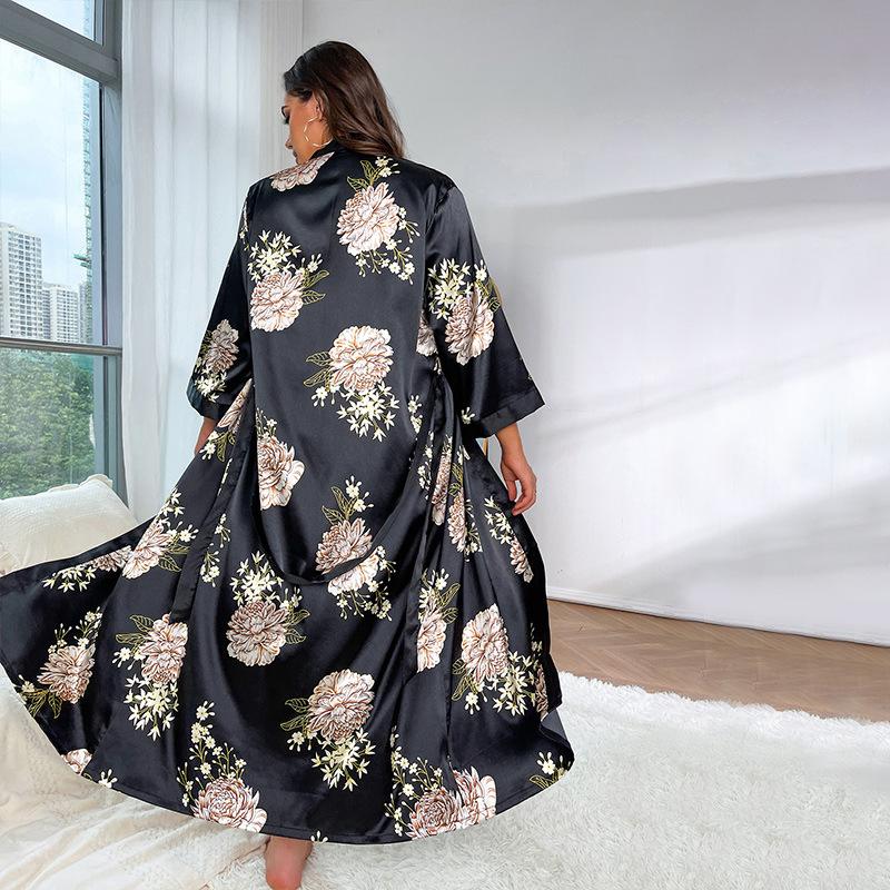Plus Size Nightgown Fashion Casual Loose Printed Long Simulation Silk Sexy Sleeping Robe