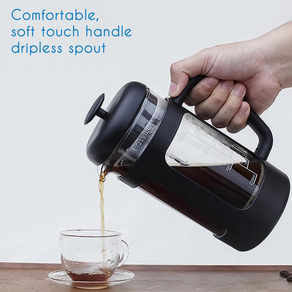 Easyworkz Heat-Resistant Glass French Press for Coffee & Tea, Soft Grip, 1000ml (8 Cups), Black