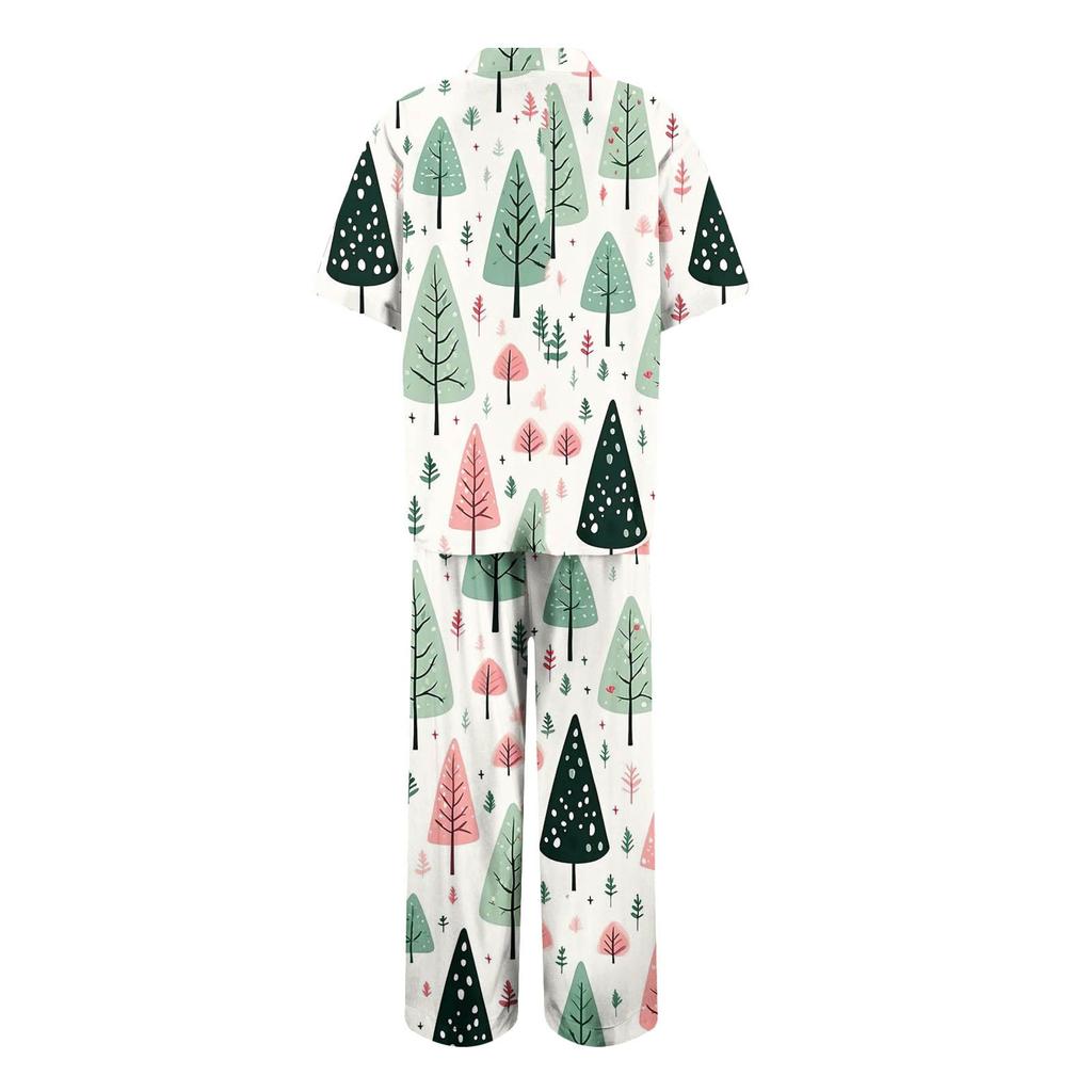 Женский рождественский пижамный комплект с принтом, женские короткие рукава, длинные брюки, комплект из двух предметов, застегивающийся на пуговицы, домашняя одежда