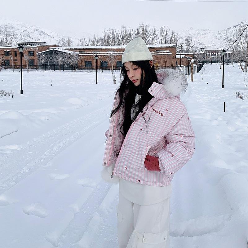 Женская зимняя одежда Y2K Теплое тренчковое пальто с бантом Модное Простое Полосатое Плюшевое Спортивное Ретро Милое Свободное Короткое Пальто
