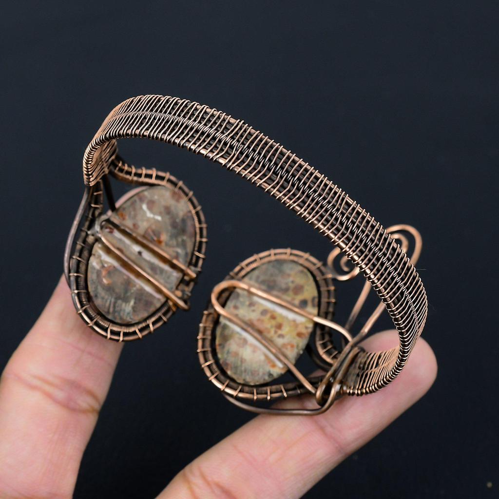 Леопардовый яшмар, драгоценный камень, чистая медная проволока, завернутая в манжеты/браслет ручной работы, ювелирные изделия