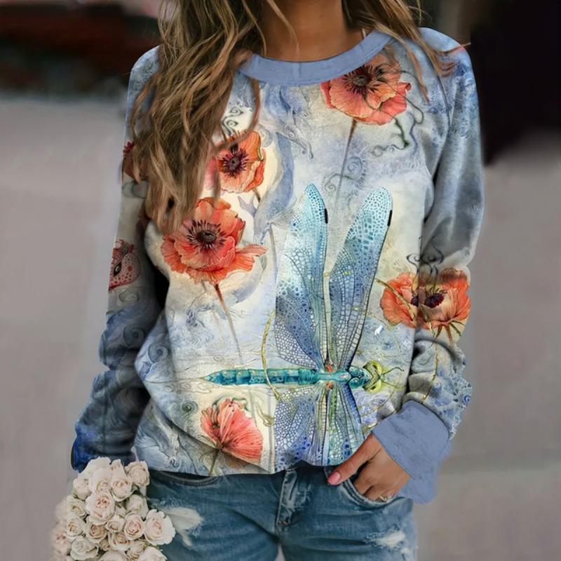 Элегантный женский топ с круглым вырезом и длинным рукавом, новая осенняя толстовка с длинным рукавом с 3D-цветочным принтом, свитшот, женская одежда больших размеров