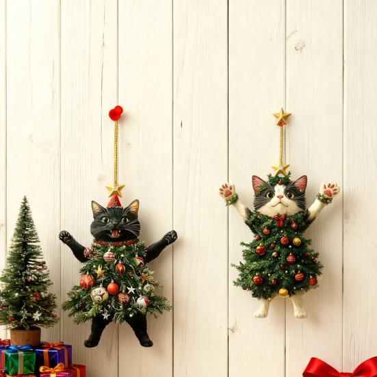 Christmas Cat In Christmas Tree Acrylic Hanging Ornament 2D Flat Car Rearview Mirror Charm Holiday Gifts for Cat Lovers