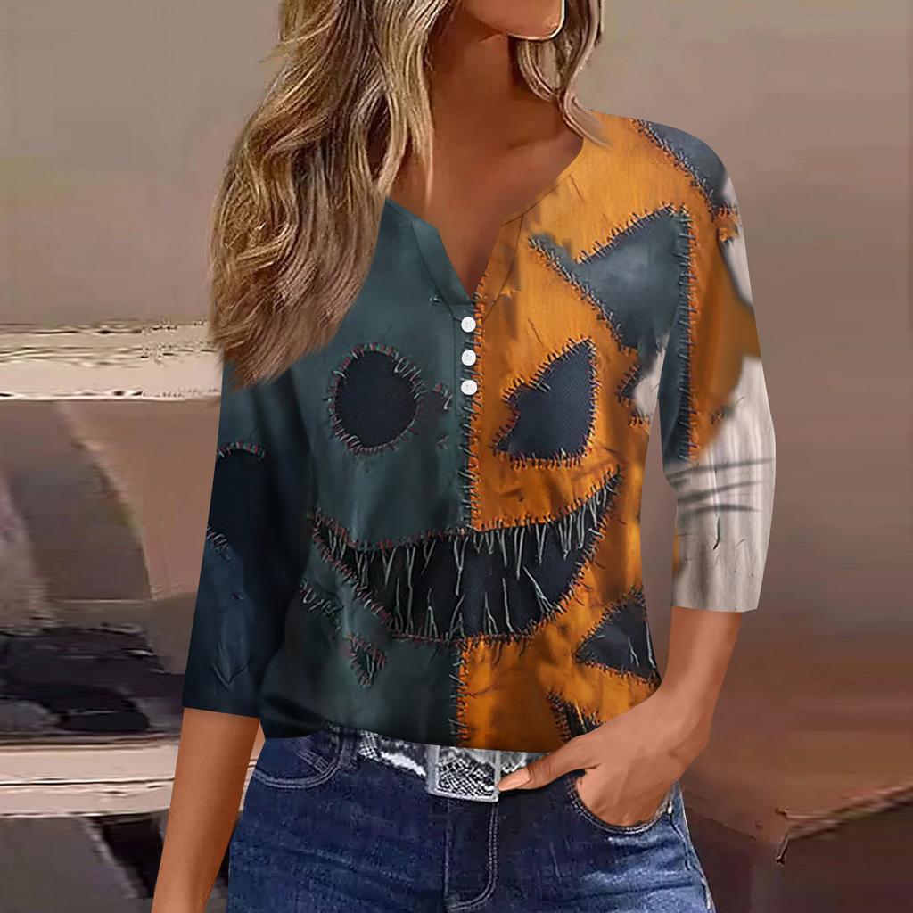 Women's Fashion Button-Up V-Neck Three-Quarter Sleeve Halloween Print Top
