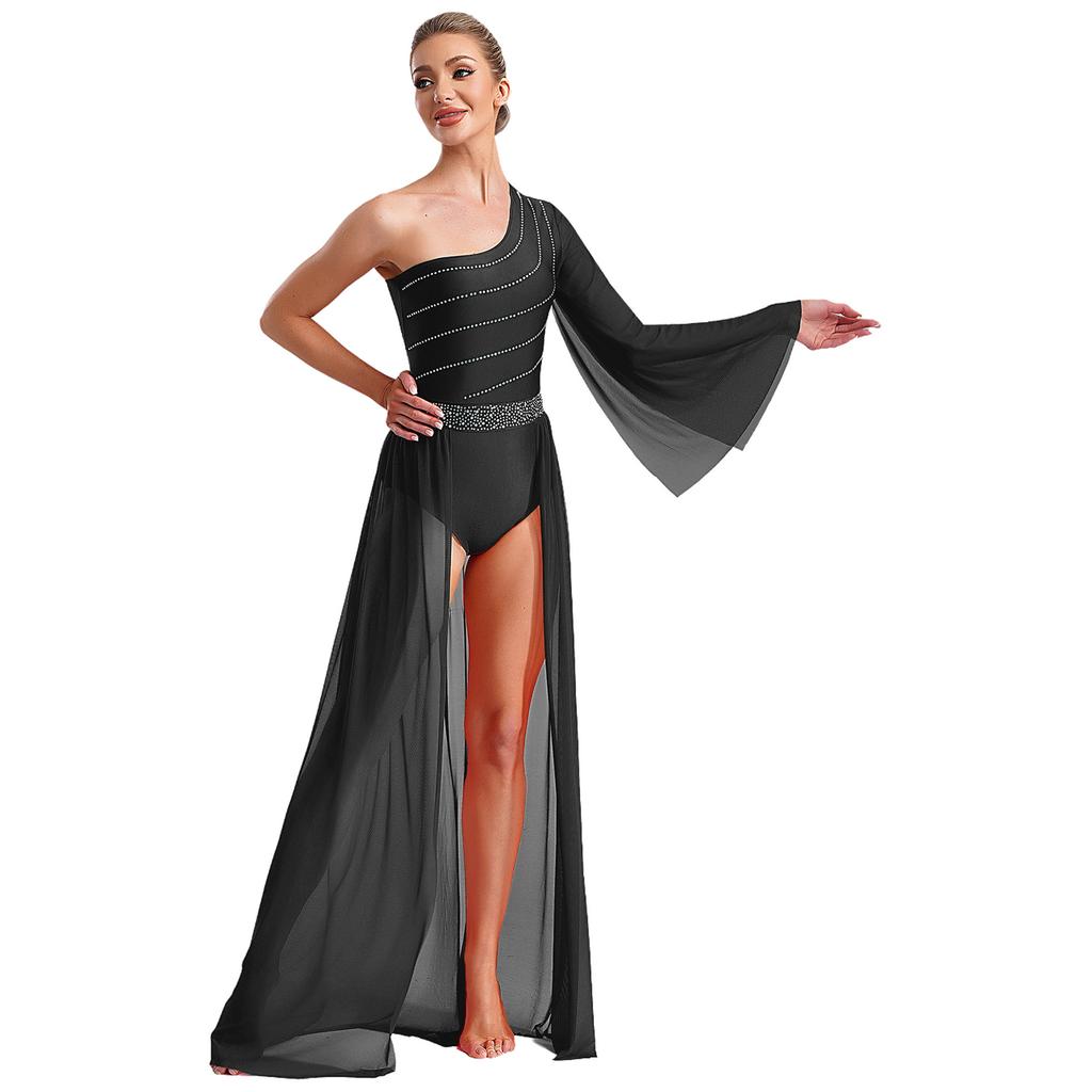 Women's One Shoulder Lyrical Dance Dress Sheer Mesh Flared Sleeve with Shiny Rhinestones Flowy Split