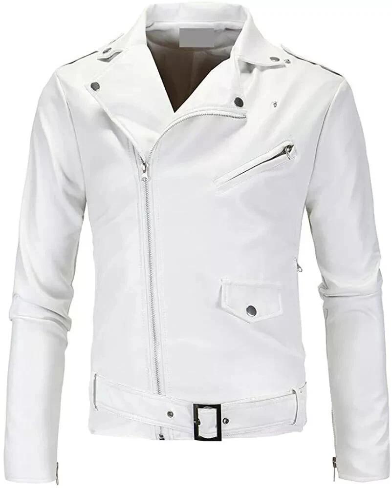 Стильная мужская куртка из натуральной овчины, белая кожа, ручная работа, классная, байкерская, мягкая