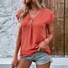 Casual Loose Women Short-Sleeved V-neck Button Pullover Solid Color T-shirt Top