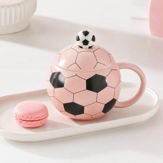 Sports Theme Soccer Cup with Lid, 400ml Ceramic Football Shaped Coffee Cup in Gift Box, Ceramic Drinkware for Home Office, Fan Gift