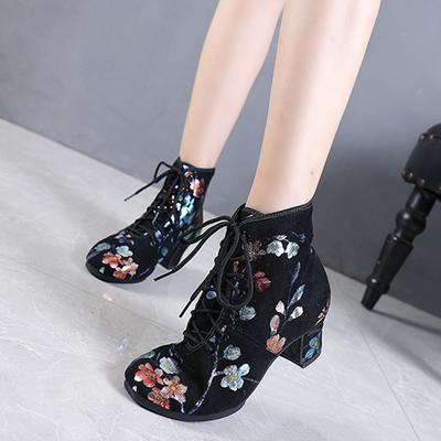 Женские танцевальные ботильоны на среднем каблуке, женские ботильоны челси, туфли для выпускного бала, каблуки для латиноамериканских танцев, замшевые женские ботильоны с принтом до щиколотки