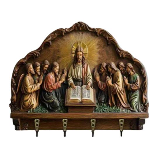 Wall Mount Key Holder Wooden Carving Jesus Themed Key Organizer Multi-purpose Home Office Entryway