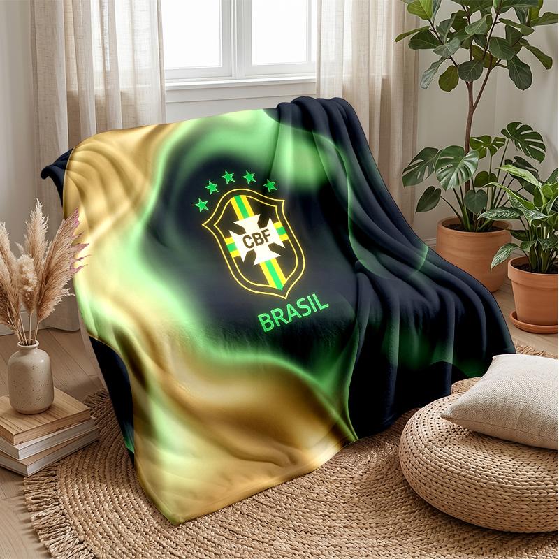 Brazil Football Printed Flannel Blanket Skin Friendly Warm Decorative Throw for Indoor Couch Bed Daily Use