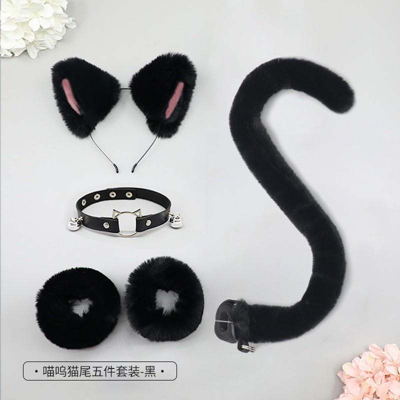 Cat Ear Headband Tail Wristband Collar Set Cosplay Costume Party Animal Theme Accessories
