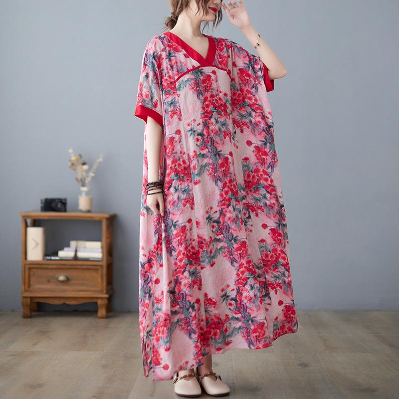 Летнее свободное платье большого размера в китайском стиле с V-образным вырезом, контрастное хлопковое льняное платье с короткими рукавами, утягивающее, средней длины, для женщин, платья