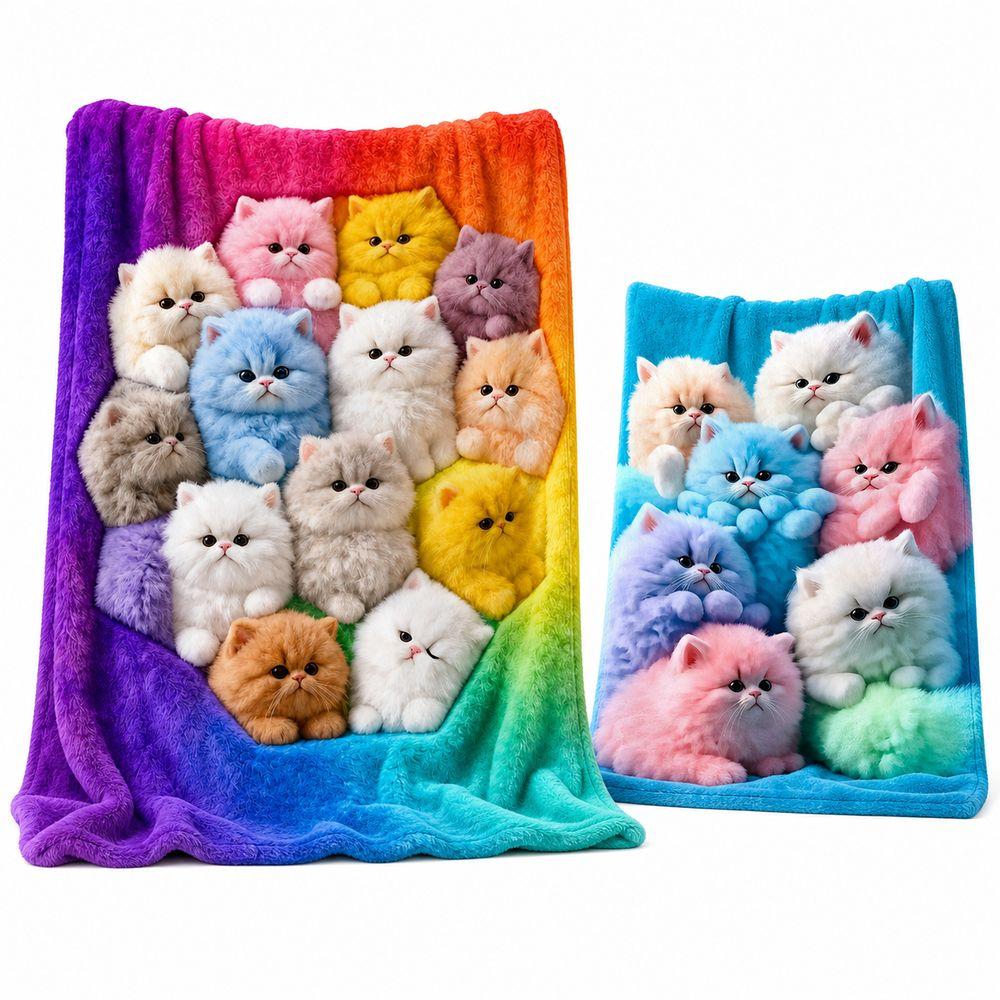 150x130cm Plush Blanket Rainbow Gradient Nap Blanket Cat Print Blanket for Kids Room Home Travel