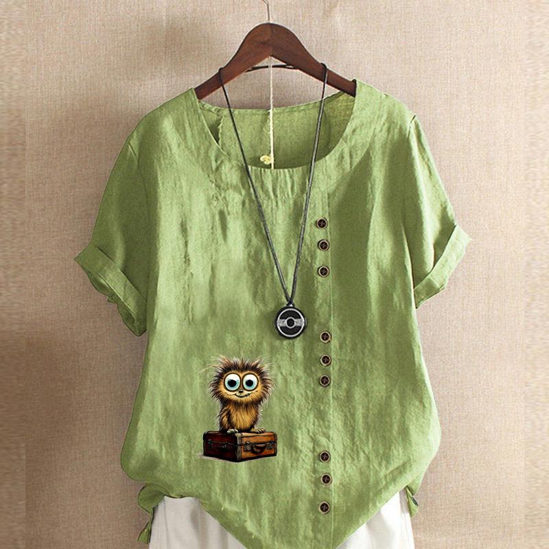Women's Fashion Owl Prined Short Sleeve T-shirt Loose Cotton Shirt Casual Loose Summer Blouse Plus Size Tops