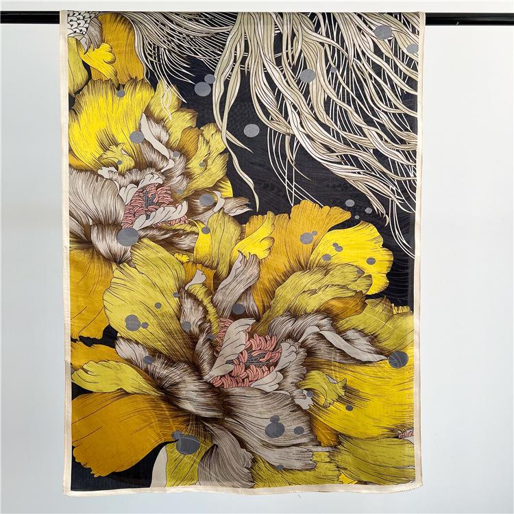 Koi Peony Silk Scarf Women'S Spring And Autumn Thin Mulberry Silk Scarf Golden Autumn Elegant Versatile Long Shade Shawl
