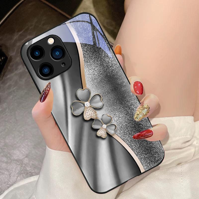 Роскошный чехол для телефона из закаленного стекла с четырехлистным клевером для iPhone 16 Pro Max 15 Pro 14 13 12 Mini 11 XS Max XR 7 8 Plus SE 2022