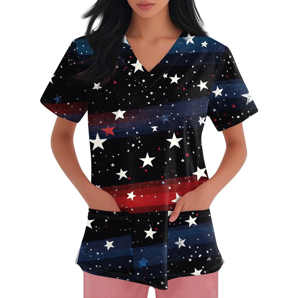 Women's Short Sleeve Independence Day Printed V-Neck Pocket Workwear Top