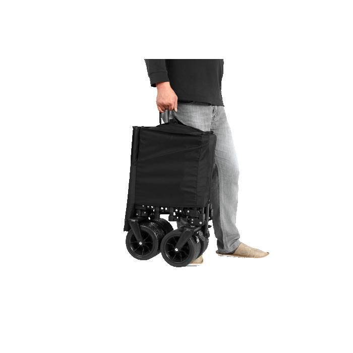 Chariot de jardin pliable, équipé de grands pneus tout-terrain adaptés aux surfaces sablonneuses et d'un porte-boissons. Noir.