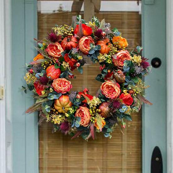 Осенний венок из пионов и тыкв, искусственная гирлянда из веток, винтажная цветочная гирлянда, сезонное украшение на дверь для Дня благодарения, декор урожая