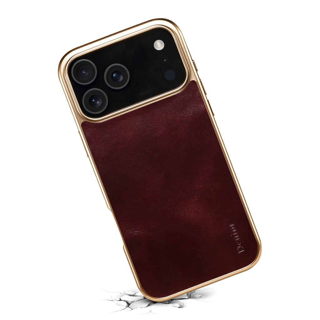 DENIOR A01 For iPhone 17 Pro Max Case Waxy Texture Genuine Cow Leather Electroplating Back Cover